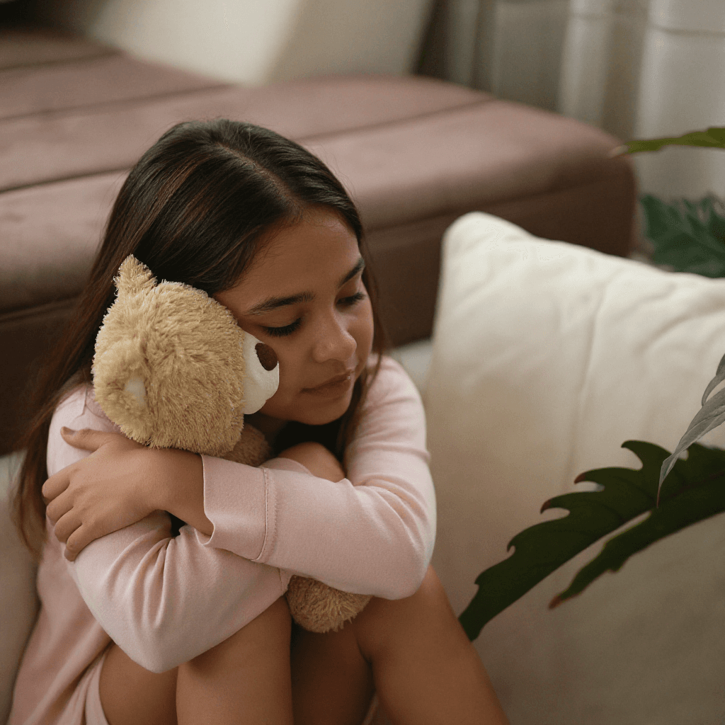 Niña hispana sosteniendo un oso de peluche